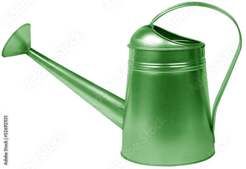 Green metal watering can isolated