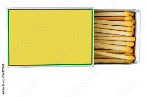 yellow paper matchbox with matches on white background