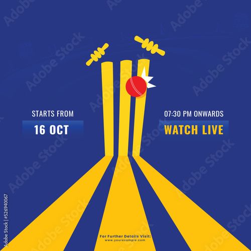 Watch Live Cricket Match Concept With Red Ball Hitting Wicket Stamp On Blue And Yellow Background.