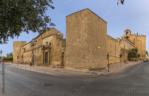Exterior view at the Alcázar of the Christian Monarchs fortress or Alcázar of Córdoba and La Paloma Tower, a medieval alcázar located in the historic centre of Córdoba city