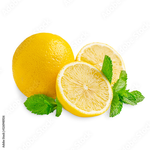 Whole and sliced yellow ripe lemon citrus with sour taste and fresh green mint leaves isolated on white background used as ingredient for cooking or preparation of refreshing lemonade or mojito