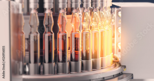 Ampoule Optical lighting. Rendering 4k in Pharmaceutical Inspection Machine For Ampoules, Vials, Cartridges. Inspects Ampoules For Particulates In Liquid And Container Defects. Vaccine Manufacturing.