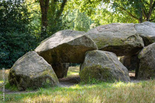 Detail of ancient Dolmen D18, called "hunebed" in dutch, in te village of Rolde, Province Drenthe, The Netherlands