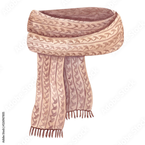 Knitted brown scarf isolated on white. Hand-drawn watercolor illustration.