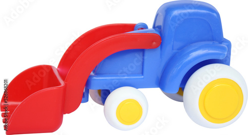 Colorful plastic toy bulldozer in PNG transparent background file