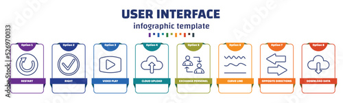 infographic template with icons and 8 options or steps. infographic for user interface concept. included restart, right, video play, cloud upload, exchange personel, curve line, opposite directions,