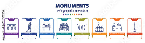 infographic template with icons and 8 options or steps. infographic for monuments concept. included segovia aqueduct, tower of pisa, vincent thomas bridge, pula arena, bay, russia, blue domed