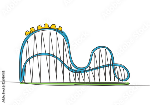 Single continuous line drawing of a roller coaster in an amusement park with a track high into the sky. Funfair festival play in outdoor concept. One line draw graphic design vector illustration.