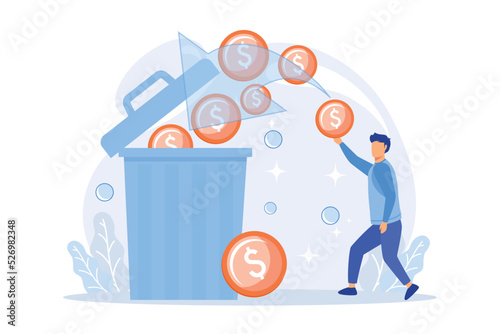 Man overspending, throwing coins in dustbin. Money waste, unprofitable investment, bad finances management. Financial bankruptcy, guy losing savings. flat vector modern illustration