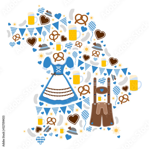 Oktoberfest Symbole Blau Braun Umriss Landkarte Bayern