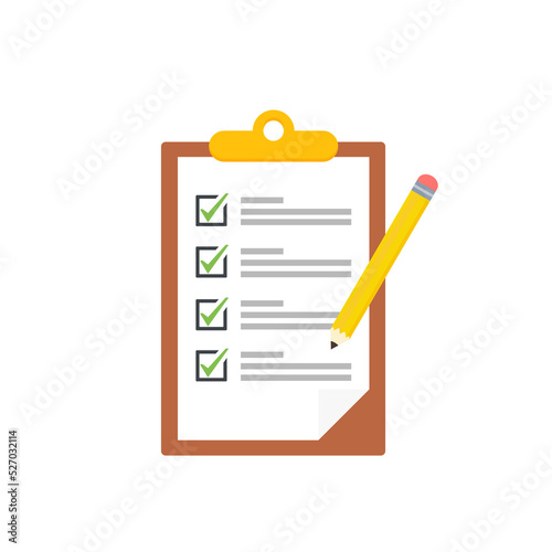 Clipboard with checklists, questionnaires, feedback, assessments and pencil icons in a simple design.