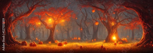 Halloween pumpkins are lying in the forest under the trees. Panorama of a fabulous forest on the eve of Halloween. 3d illustration