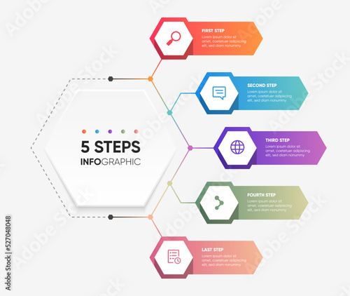 5 steps infographic with hexagonal shape design. Modern and colorful presentation infographic hexagon template.