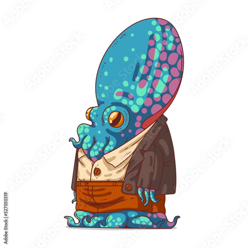 A Sluggish Octopus, isolated vector illustration. Funny cartoon picture of an octopus wearing a suit. A dressed animal sticker. Simply drawn anthropomorphic squid on white background. A bureaucrat.