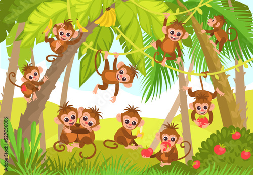 Cute monkeys in jungle. Cartoon tropical animal characters in rainforest. Wild exotic fauna. Marmosets hanging on vines. Macaques eating fruits. Forest foliage. Splendid vector concept
