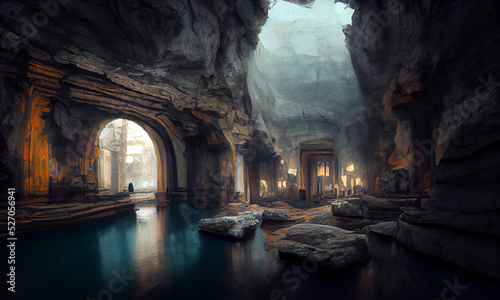 underground lake inside cave with remains of the old town and corridors, digital painting