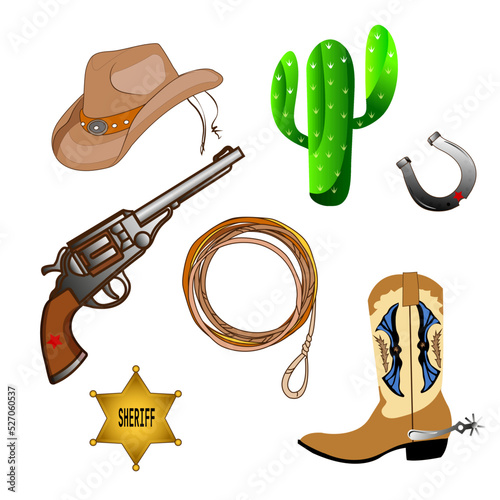 Cowboy western theme; wild west concept. Various objects. Boots; gun; hat; lasso ;cactus; horseshoe; sheriff badge star. Hand drawn colorful vector set. All elements are insolated