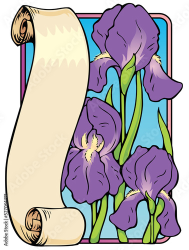 Vector illustration of a scroll bookplate with royal purple irises.