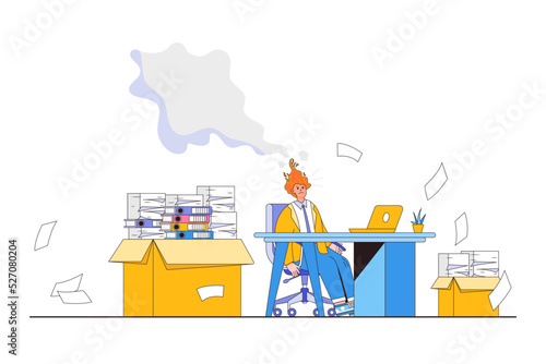 Burnout from overworked, pressure to finish deadline, exhausted worker, stressed employee concepts. Desperate businessman working at desk using laptop with pile of papers and burn heads emit smoke