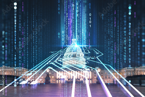 Front view, Capitol dome building at night, Washington DC, USA. Illuminated Home of Congress and Capitol Hill. Artificial Intelligence concept, hologram. AI, machine learning, neural network, robotics