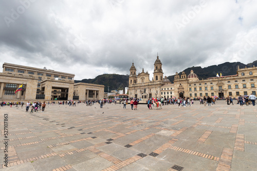 Bogota colombia main square knowed as Bolivar Square with Justice palace building and primatial cathedral at background in sunny day 