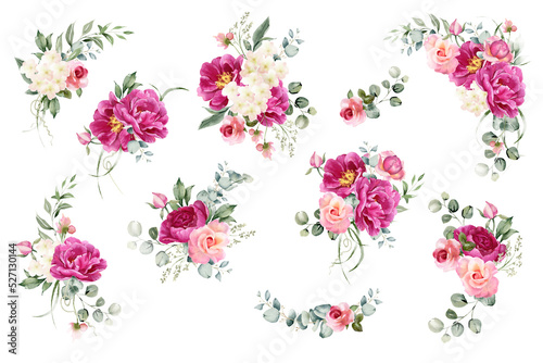 Watercolor flowers. Pink red blush peony set. Floral bouquet clipart. Garden roses with greenery illustration isolated on white background