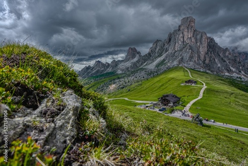 Dramatic shot of the Giau Pass and its road in the Dolomites in the province of Belluno in Italy