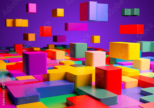 Mosaic of colorful shapes. Abstract construction blocks tetris shapes. Geometric shapes. Concept of creative, logical thinking 3D image