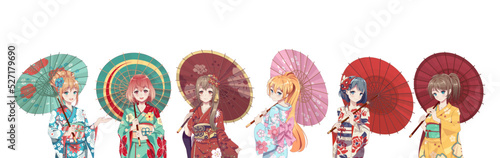 Group of anime manga girls in kimono holding paper umbrella