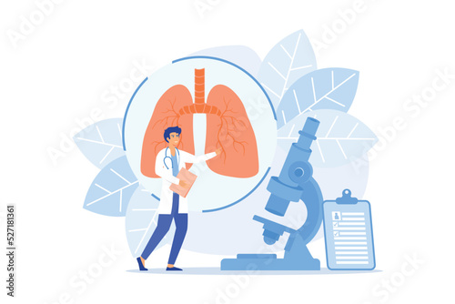 Doctor examines huge lungs desease and microscope. Obstructive pulmonary disease, chronic bronchitis and emphysema concept on white background. flat vector modern illustration