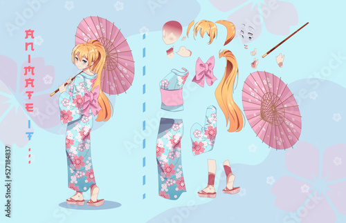 Anime girl in kimono with umbrella characters for animation