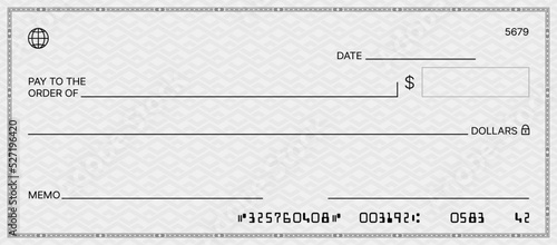 Bank check, vector blank money cheque, checkbook template with guilloche pattern and fields. Currency payment coupon, money check background