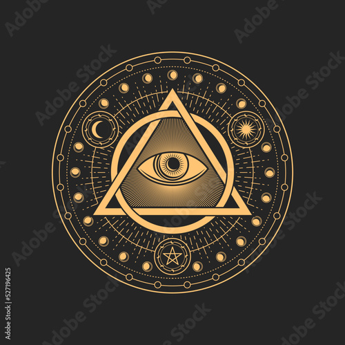 Prediction eye, occult and esoteric tarot magic symbol with pentagram ethnic amulet. Vector occultism holistic vision sign, tribal chakra, all seeing eye