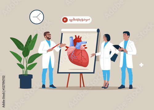 Professor presenting human heart infographics to audience at conference. Vector illustration for seminar, lecture, healthcare meeting concept. Medical college doctor teaching students. 