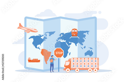 Banned products transportation, smuggling. Embargo regulation, sanctions goods, limited importation exportation of goods concept.