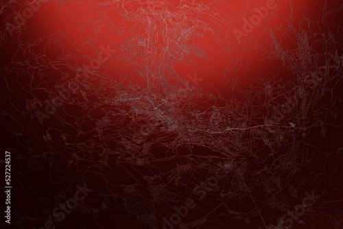 Street map of Tbilisi (Georgia) engraved on red metal background. Light is coming from top. 3d render, illustration