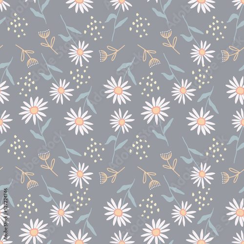 Seamless pattern with small chamomile flower, leaves and wild flowers. Abstract field. Ideal for textile, fabric, surface, wallpaper, scrapbooking
