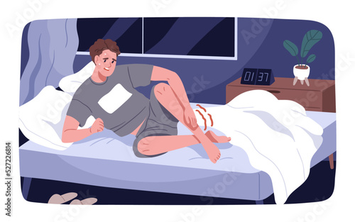 Leg pain, muscle cramp at night. Person awaking in bed with acute ache, numb ankle, foot, joint disorder. Man waking up, suffering from sudden painful spasm of limb. Flat vector illustration