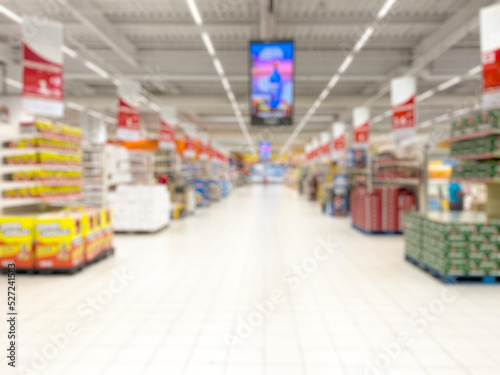 Abstract blurred supermarket aisles for background. - stock photo