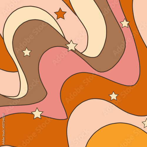  Groovy style vector background. Retro psychedelic background with waves and stars in orange shades in 70's style.