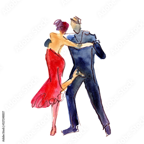 Watercolor illustration: couple, man and woman dancing tango