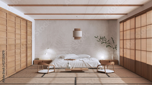 Minimalist bedroom in white and beige tones, japanese style. Double bed, tatami mats, meditation zen space. Japandi interior design