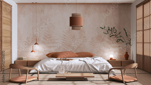 Japandi bedroom in white and orange tones, japanese style. Double bed, tatami mats, armchairs, meditation zen space. Minimalist interior design