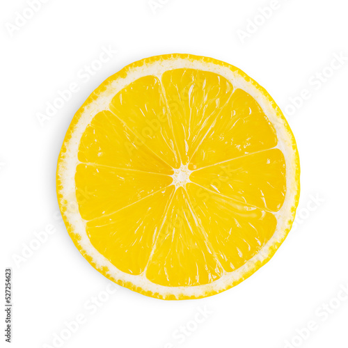 Top view of single cross section or slice of juicy yellow ripe lemon citrus fruit with sour taste isolated on white background used as ingredient in cooking of preparation of lemonade and cocktails