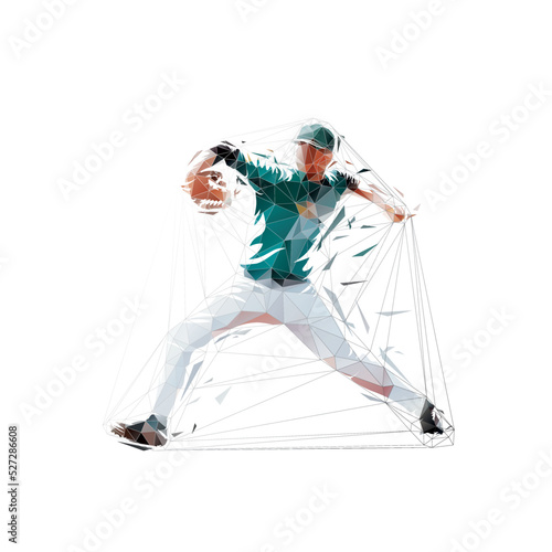 Baseball pitcher throws ball, isolated low polygonal vector illustration, side view. Baseball logo, geometric drawing from triangles