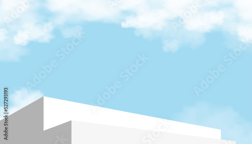 3d podium step with geometric platform on blue sky background,Vector horizon banner with Stage Showcase or Stairway mockup on Summer clouds, Minimal scene design with Stand for Spring, Summer cosmetic