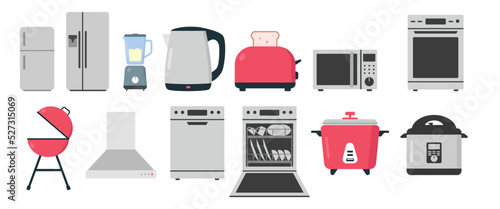 Set of kitchen appliances flat icon for web. Refrigerator, microwave, dishwasher, toaster, range hood, blender, kettle, oven, rice cooker sign flat vector design. Kitchen appliances cartoon clipart