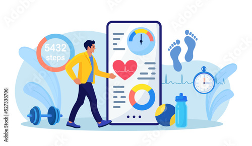 Sport man using phone for counting steps. Step counter and pedometer activity app measurement. Person doing cardio training with heart beat monitoring device with daily footsteps information