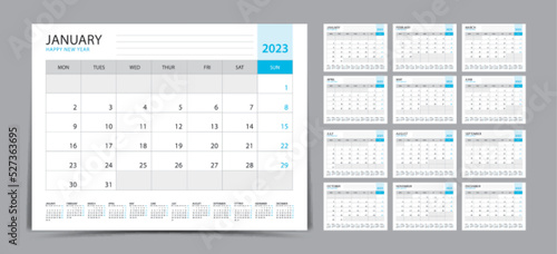 Desk calendar 2023 Set, Monthly calendar template for 2023 year. Week Starts on Sunday. Wall calendar 2023 in a minimalist style, Set of 12 months, Planner, printing template, office organizer vector