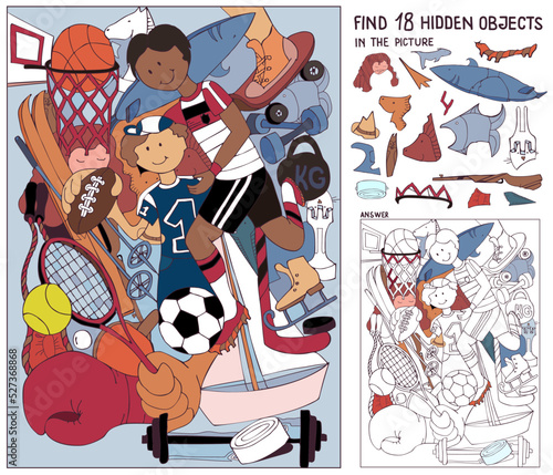 Find hidden objects. Different types of sports. Sport equipment. Puzzle for kids. Education game for family celebration, school, party, magazines. Hand drawn vector.